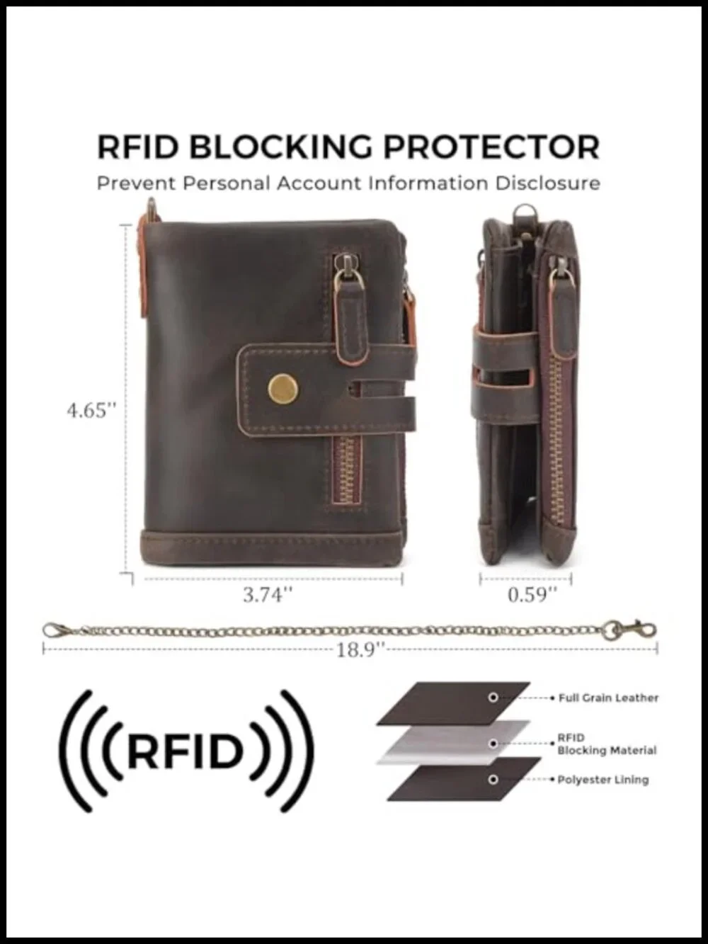 Polare Full Grain Leather Anti-Theft Chain Wallet for Men RFID Blocking Bifold
